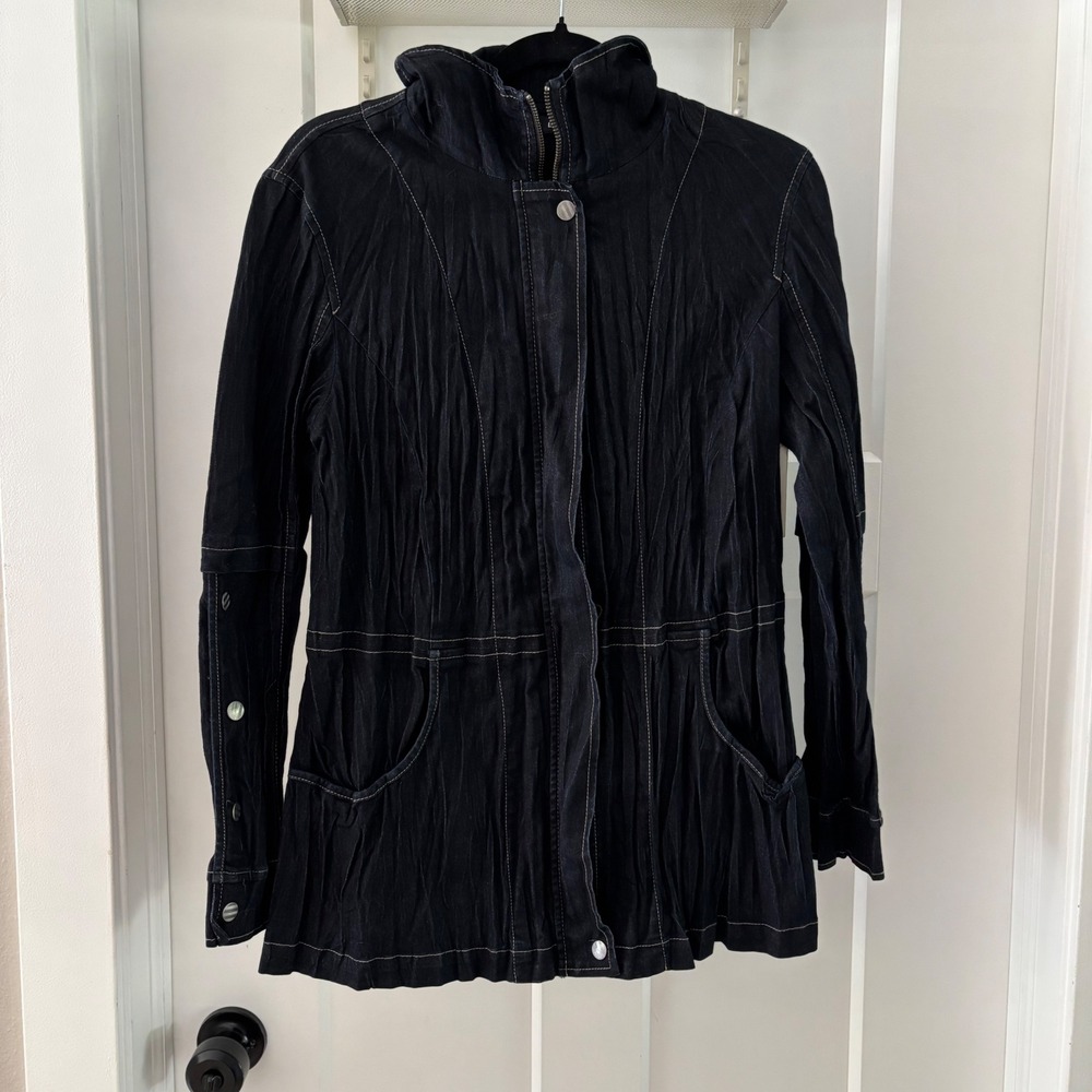 Tribal Women's Denim Dark‎ wash Crinkled Textured Jacket Button Collared Medium - Picture 2 of 7